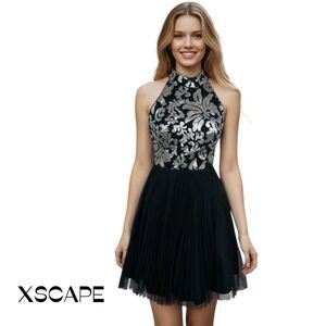 Xscape Black W Metallic Silver Sequins Pleated Dress NWOT Size 2 Party Dance